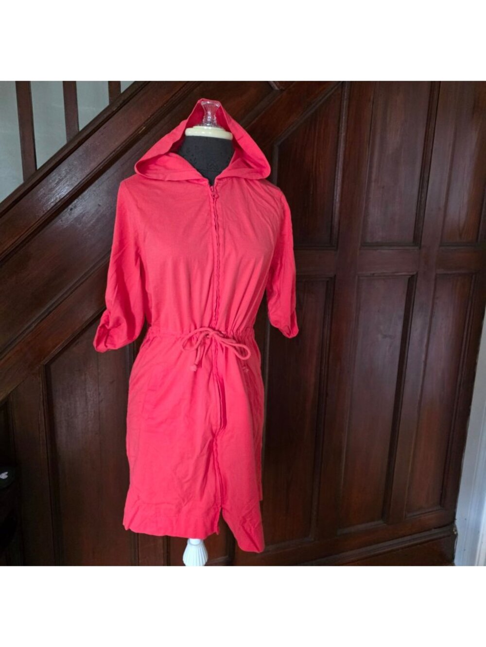 Lands End Womens Hooded Drawstring Waist Cotton Dress Coral Size M (10-12)